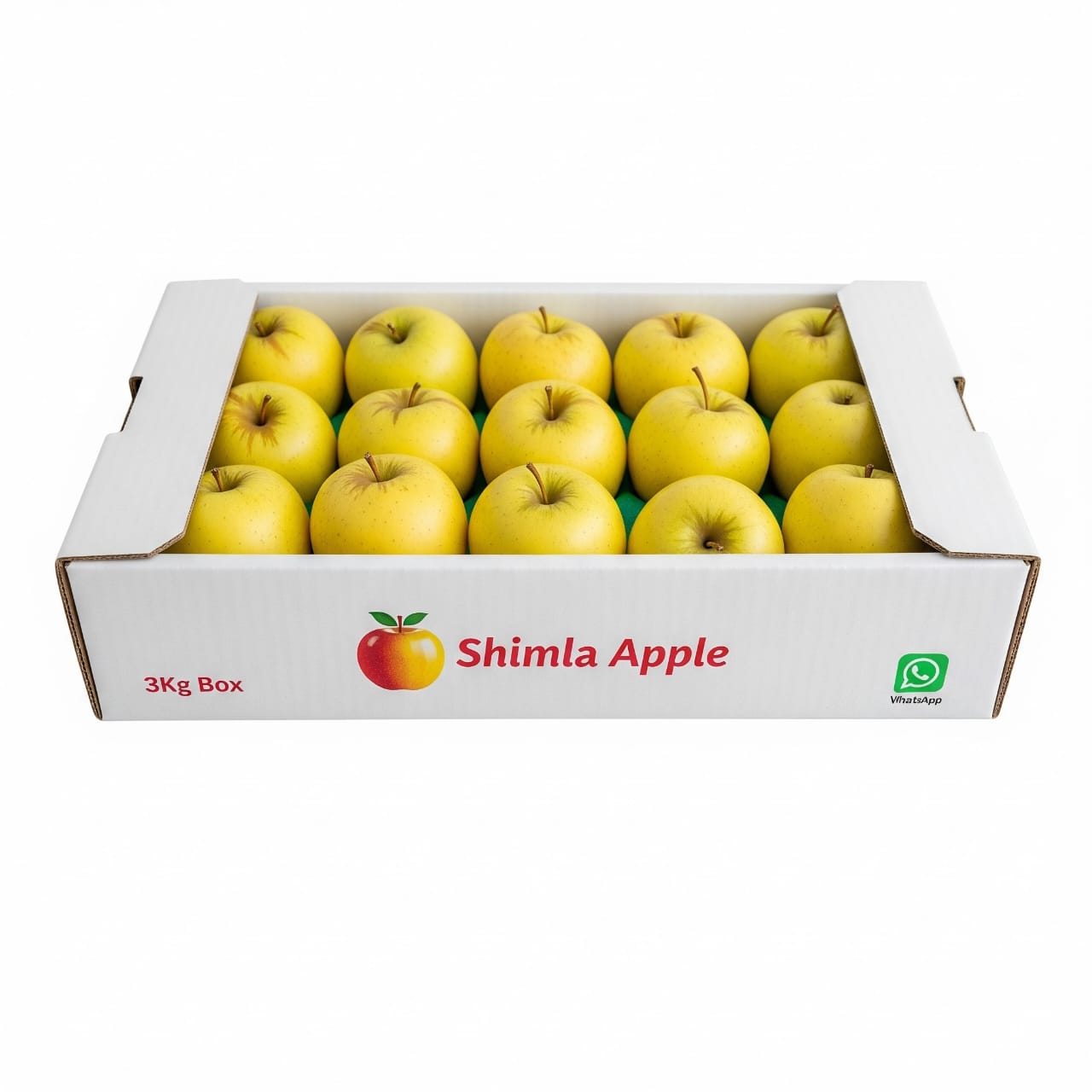Box of yellow Shimla apples, 3kg packaging, fresh fruit for sale
