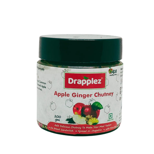 Drapplez Apple Ginger Chutney jar with green lid, 200g, product label visible