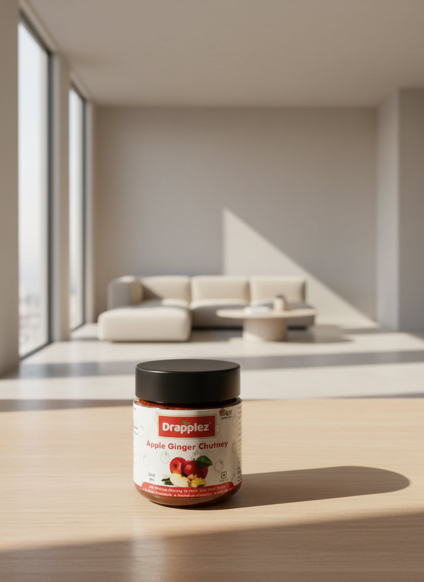 Drapplez Apple Ginger Chutney jar on a light wooden table in a modern, sunlit living room